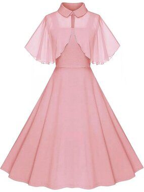 Women 1950s Dresses Pink Cocktail Dress with Pockets and Chiffon Shawl